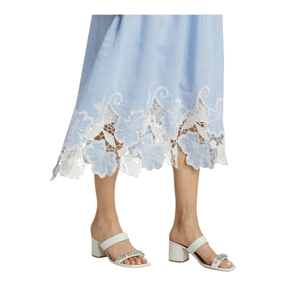 Ramy Brook Aubriella Blue and White Lace Trimmed Midi Dress Size Medium - Picture 6 of 11